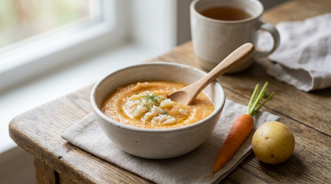 Kabeljauw met Aardappelen en Wortelen Voor de Baby Vanaf 3.5 Maanden