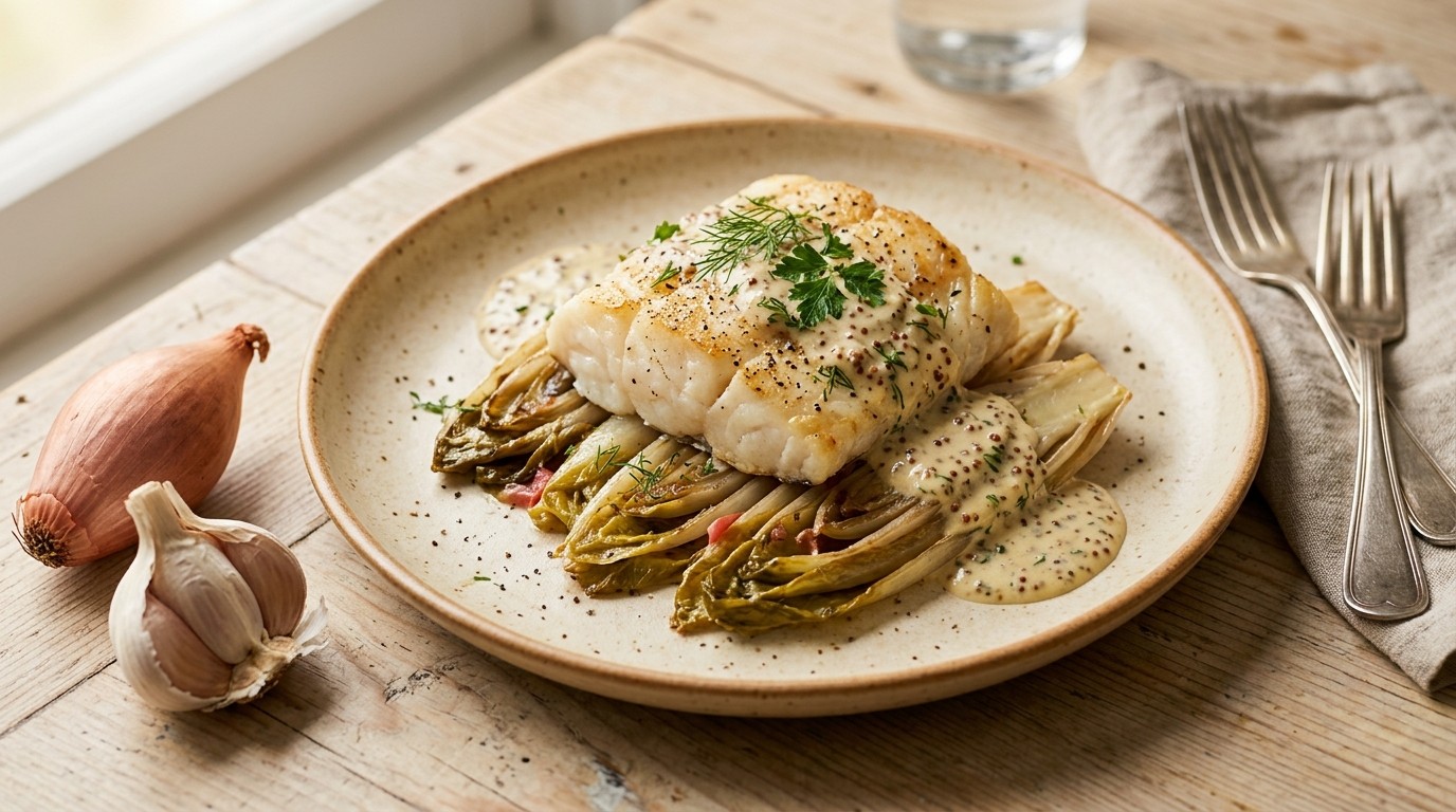 Kabeljauw met Andijvie en Mosterdsaus