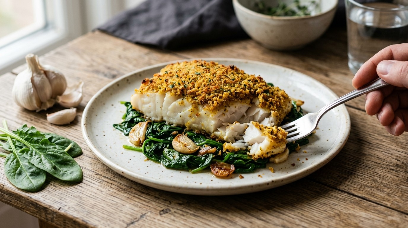 Kabeljauw met Currykorstje en Knoflookspinazie recept Kabeljauw met Currykorstje en Knoflookspinazie recept