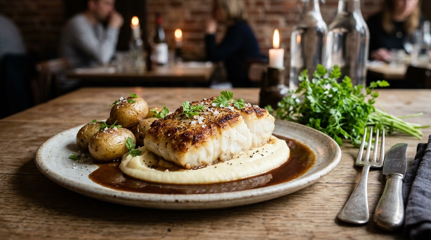Kabeljauwfilet met Knoflookpuree en Vleessaus recept Kabeljauwfilet met Knoflookpuree en Vleessaus recept