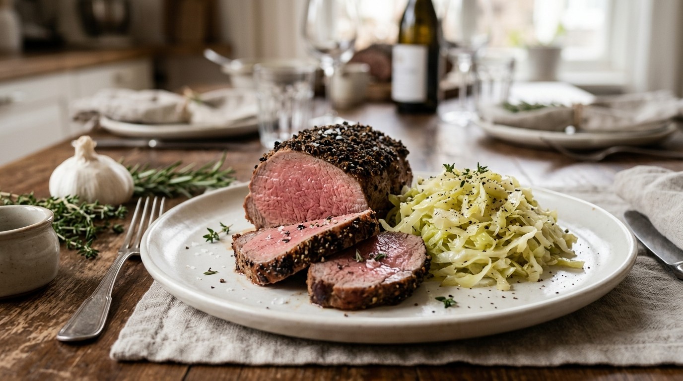 Kalfsfilet in Peperkorst met Geraspte Spitskool