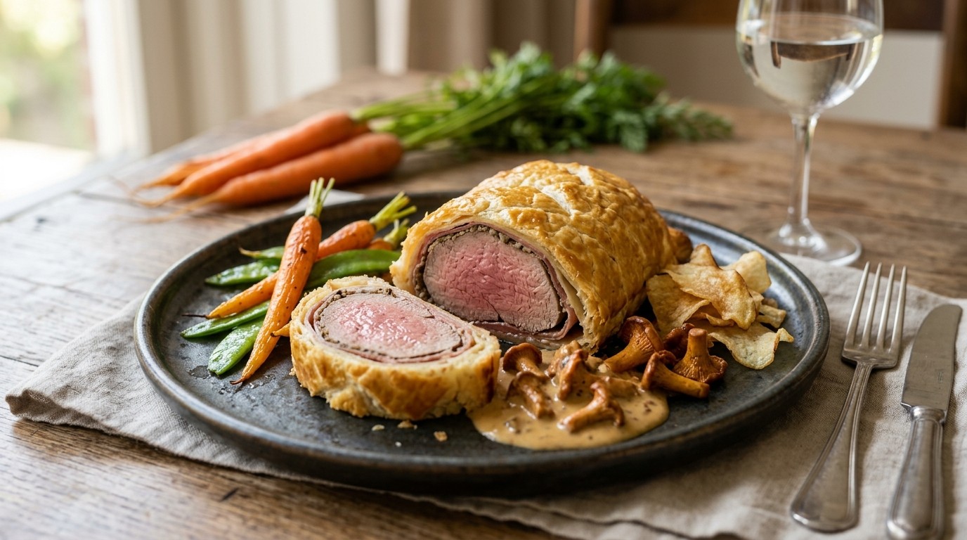 Kalfshaas Verpakt in Deeglaagje met Mosterdsaus