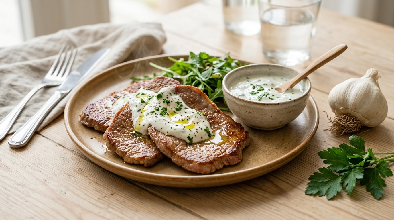 Kalfslapjes met Knoflooksaus