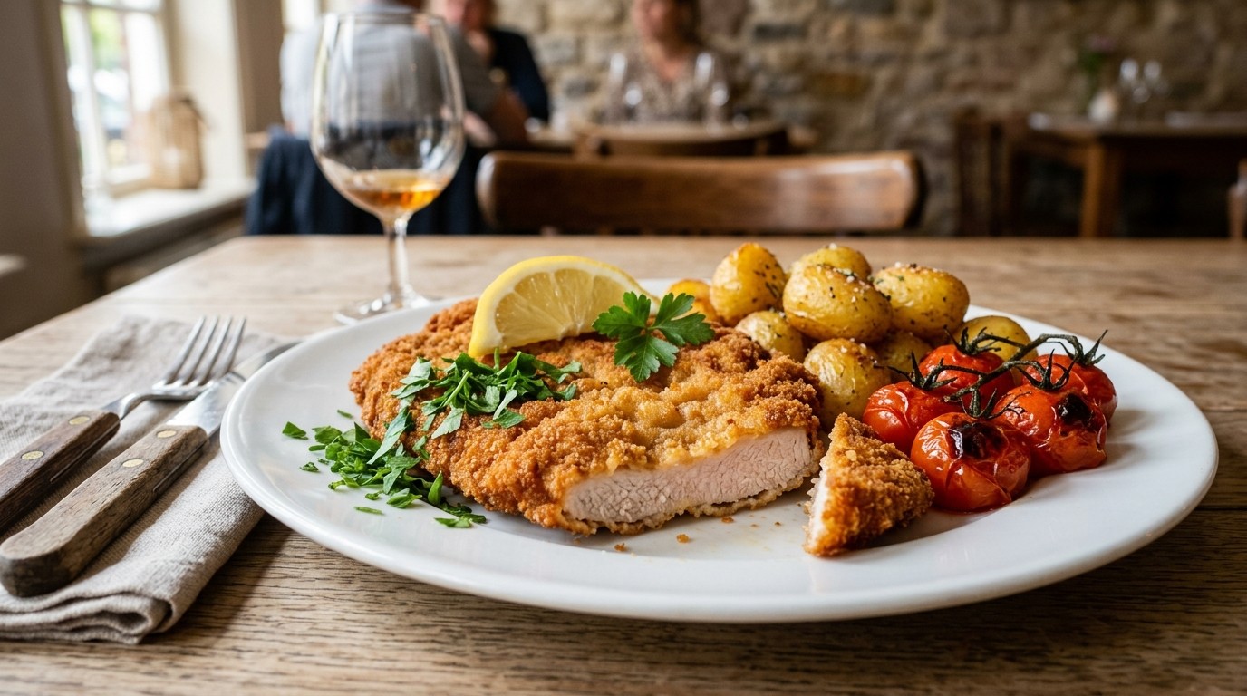 Kalfsschnitzel met Gefrituurde Aardappels en Tomaten