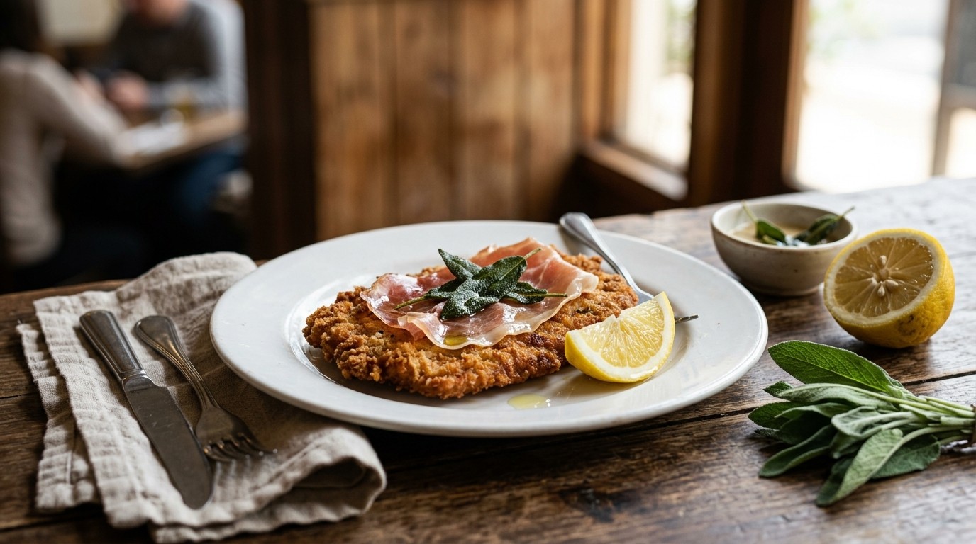 Kalfsschnitzel met Parmaham en Salieblaadjes
