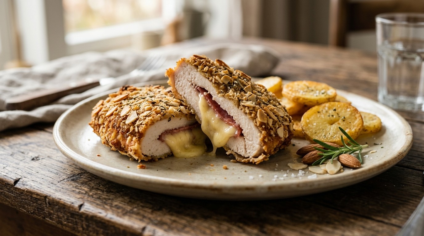 Kalkoencordon-bleu met Amandelkorstje