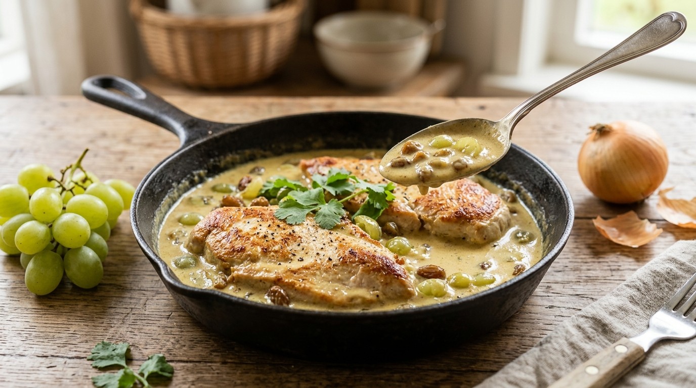 Kalkoenfilets met Kerriesaus,rozijnen en Druiven