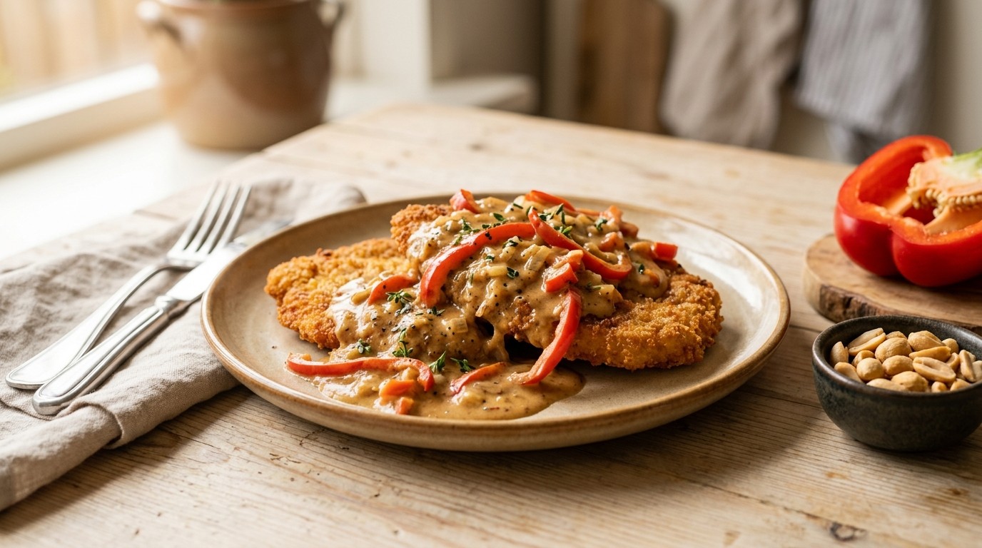 Kalkoenschnitzel met Pindasaus