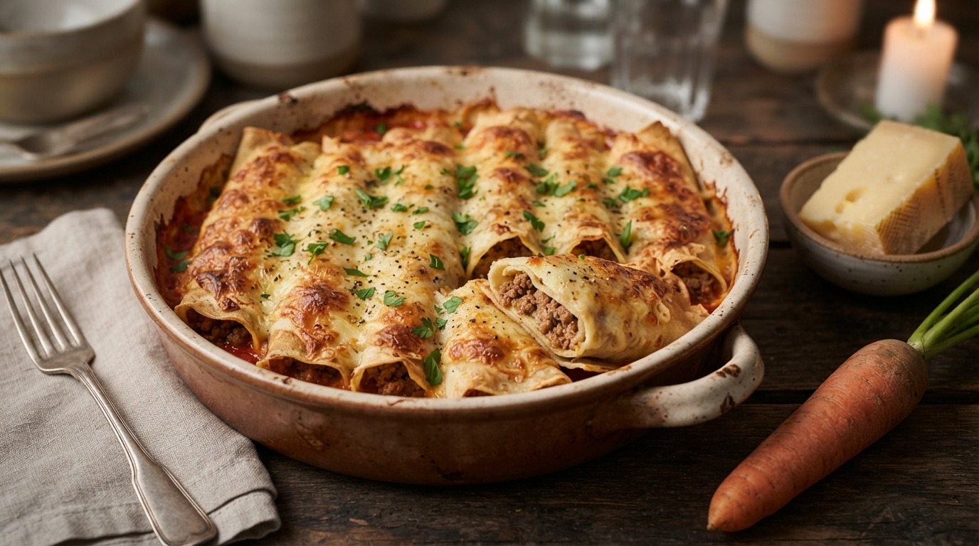 Karnemelkcrèpes met Kalfsgehakt, Gegratineerd