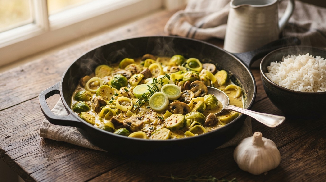 Kerriespruitjes met Prei en Champignons recept Kerriespruitjes met Prei en Champignons recept