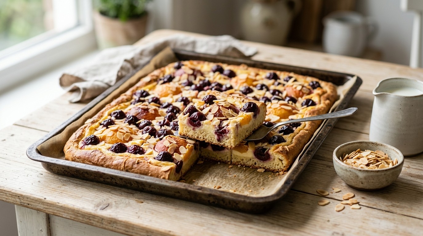 Kersen=perzikenplaatkoek