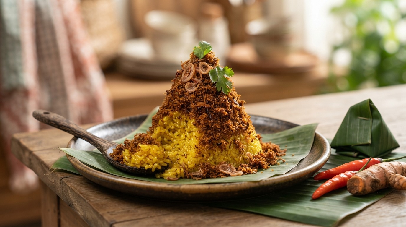 Ketan Koening Seroendeng (gele Kleefrijst Bestrooid met Kruidige Kokos)