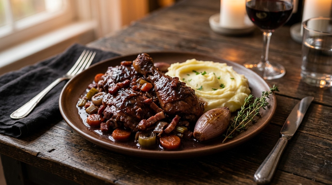 Kip is gek op Rodewijn (coq au vin)