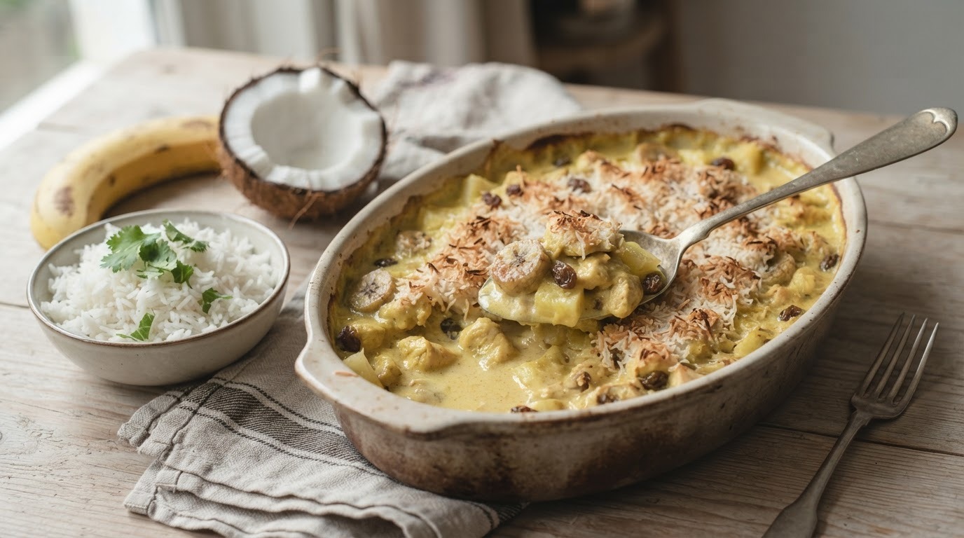 Kip-kerrie Schotel met Banaan, Ananas, Rozijnen en Cocos recept Kip-kerrie Schotel met Banaan, Ananas, Rozijnen en Cocos recept