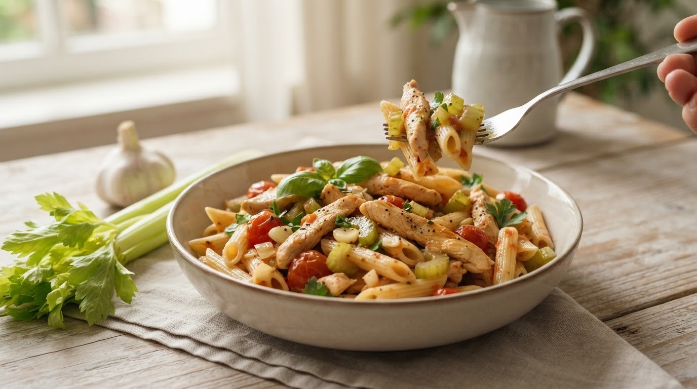 Kip met Knoflook, Bleekselderij en Pasta