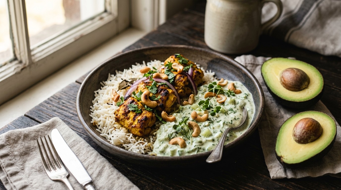 Kip Tikka met Avocado-komkommersaus recept Kip Tikka met Avocado-komkommersaus recept