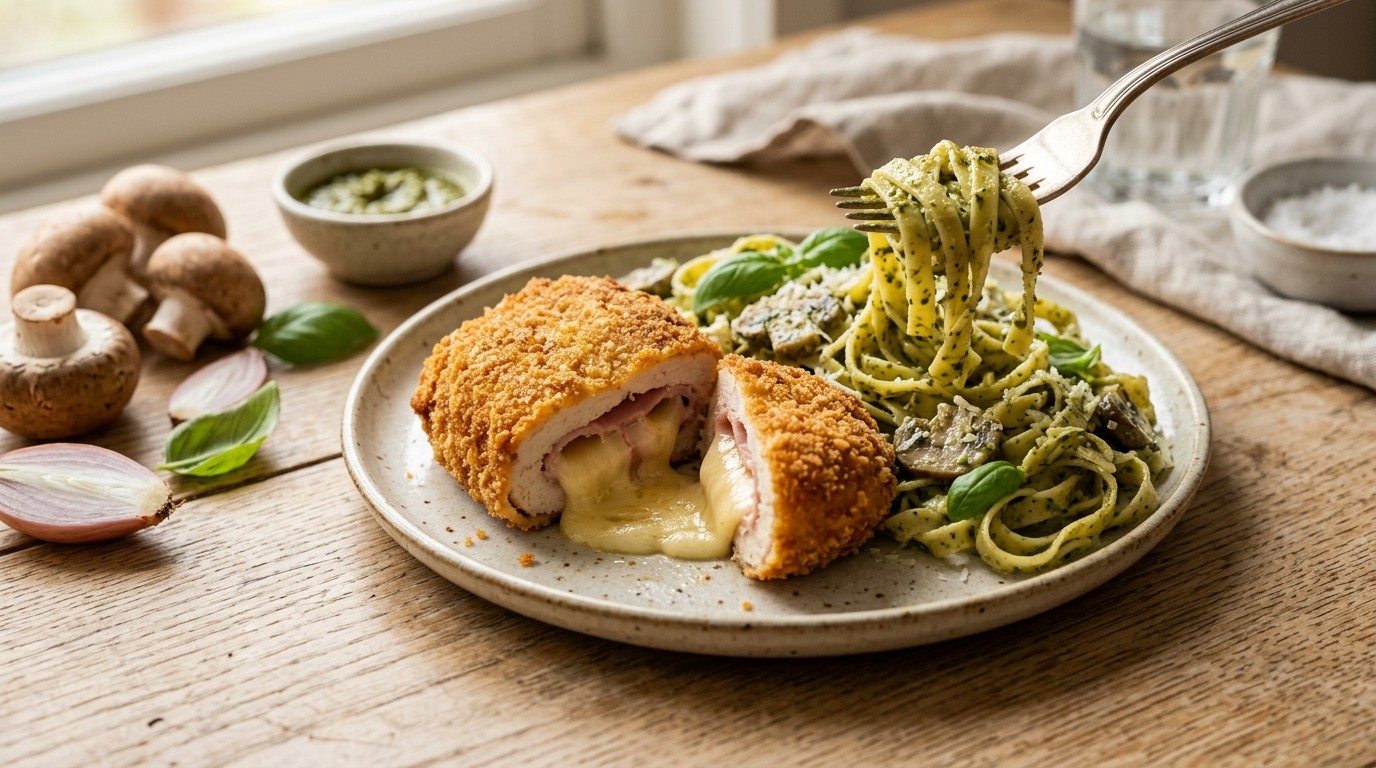 Kipcordon Blue met Tagliatelle en Pestosaus