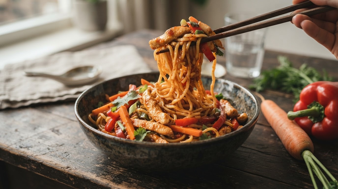 Kipfilet en Wortels in Oosterse Tomatensaus met mie