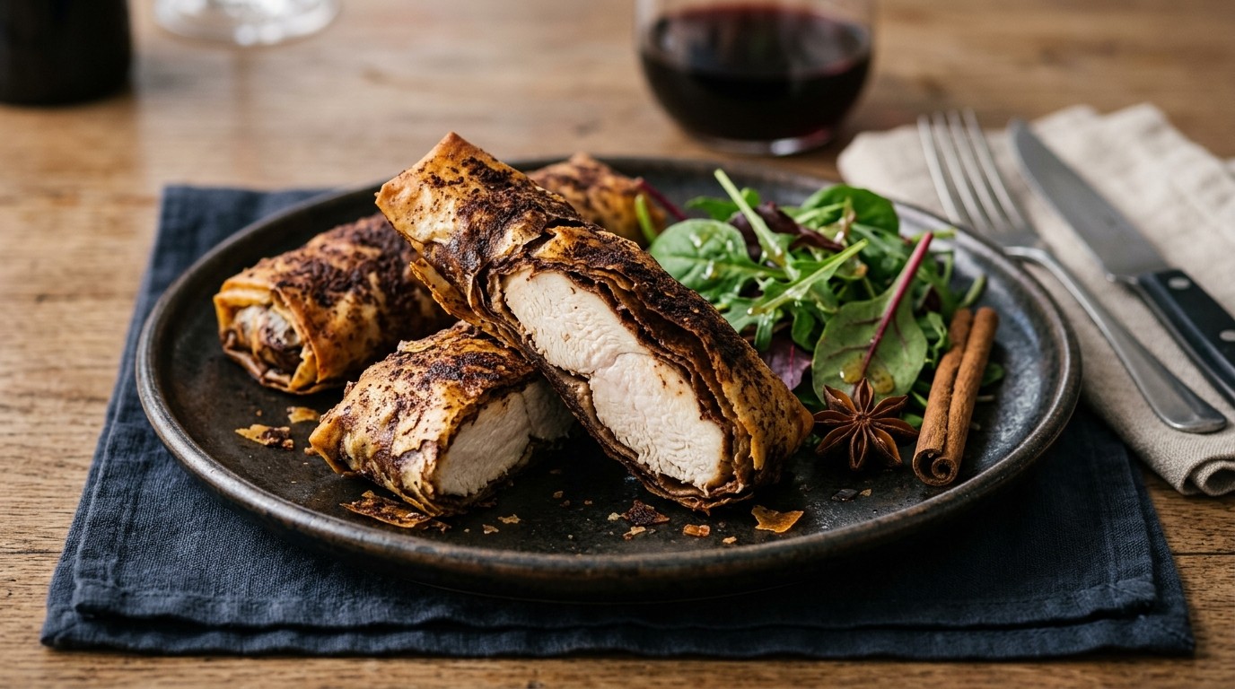 Kipfilets met een Krokant Korstje van Chocolade en Filodeeg