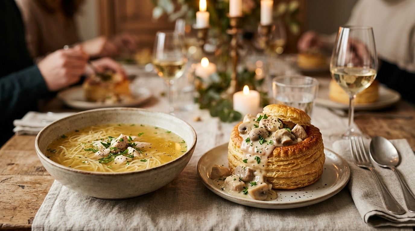 Kippensoep en Pasteitje van Kippenragout (Vidée / Fideke) Voor 6 Personen recept Kippensoep en Pasteitje van Kippenragout (Vidée / Fideke) Voor 6 Personen recept