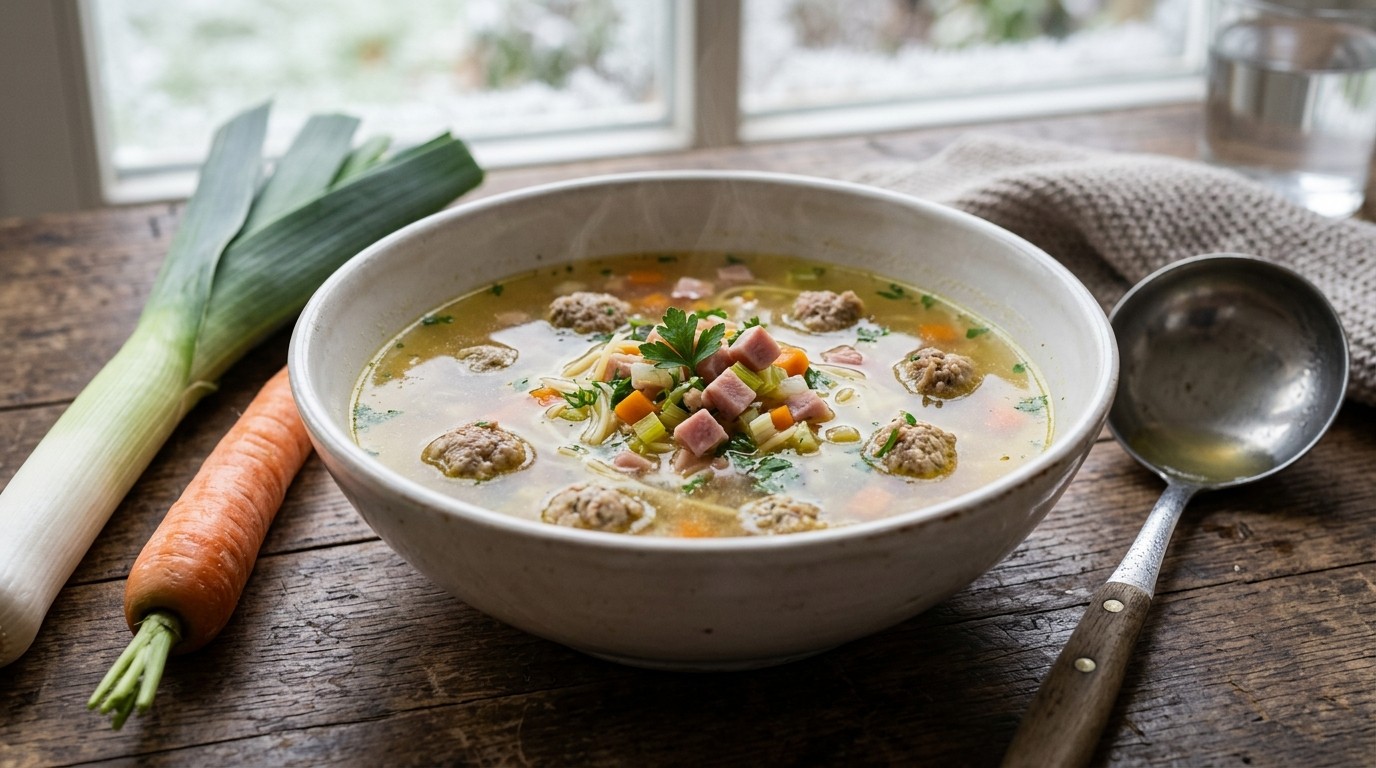 Kippensoep met Kalfsgehaktballetjes en Hamblokjes recept Kippensoep met Kalfsgehaktballetjes en Hamblokjes recept