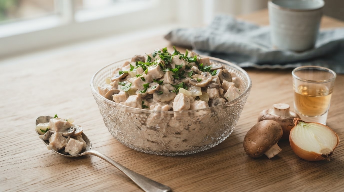 Kipsalade met Champignons, Sherry en ui recept Kipsalade met Champignons, Sherry en ui recept
