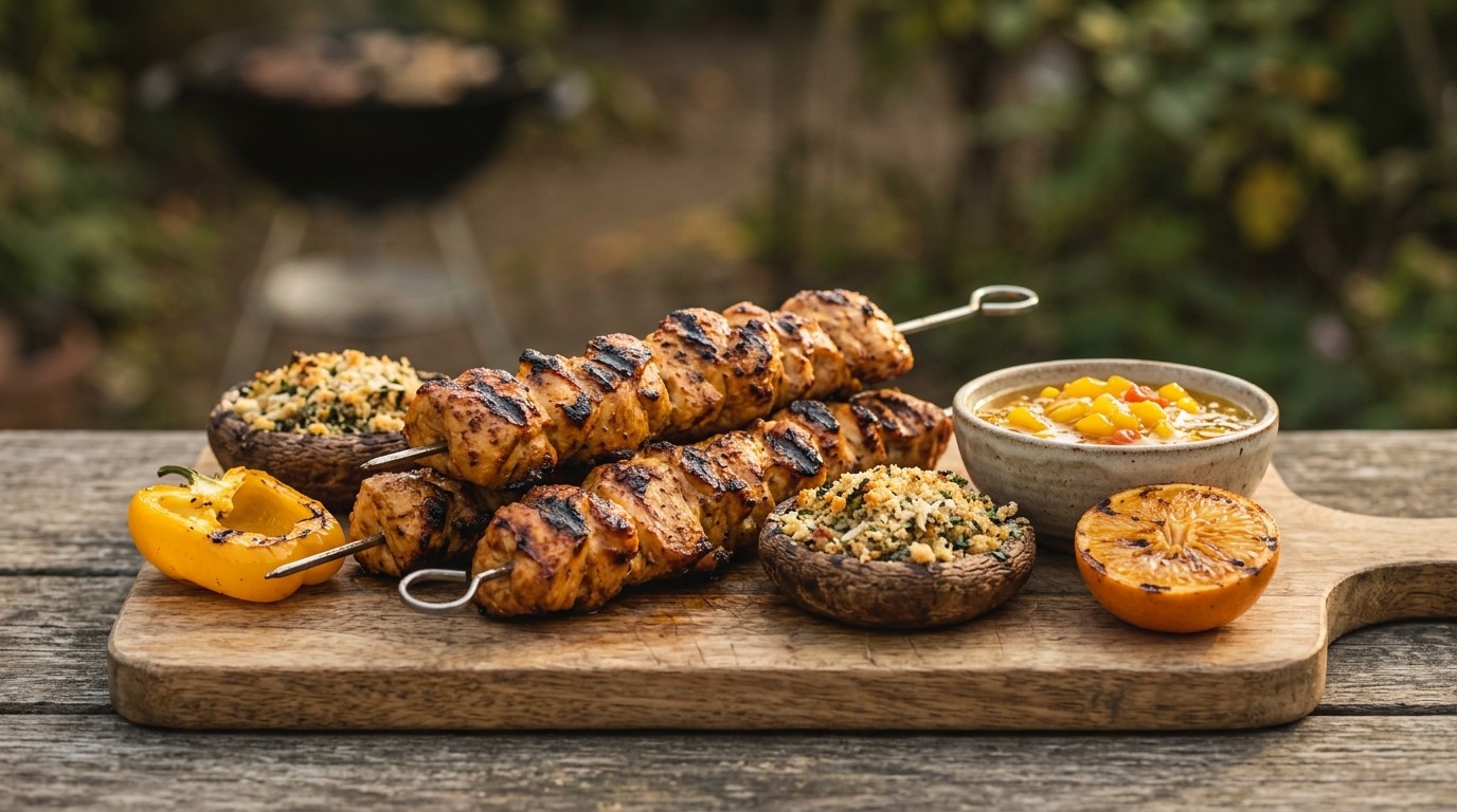 Kipsouvlaki met Gevulde Champignons op de bbq recept Kipsouvlaki met Gevulde Champignons op de bbq recept