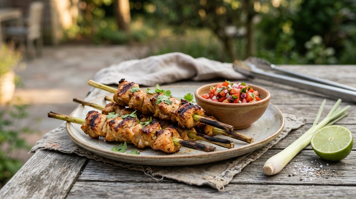 Kipspiesjes met Citroengras en Salsa