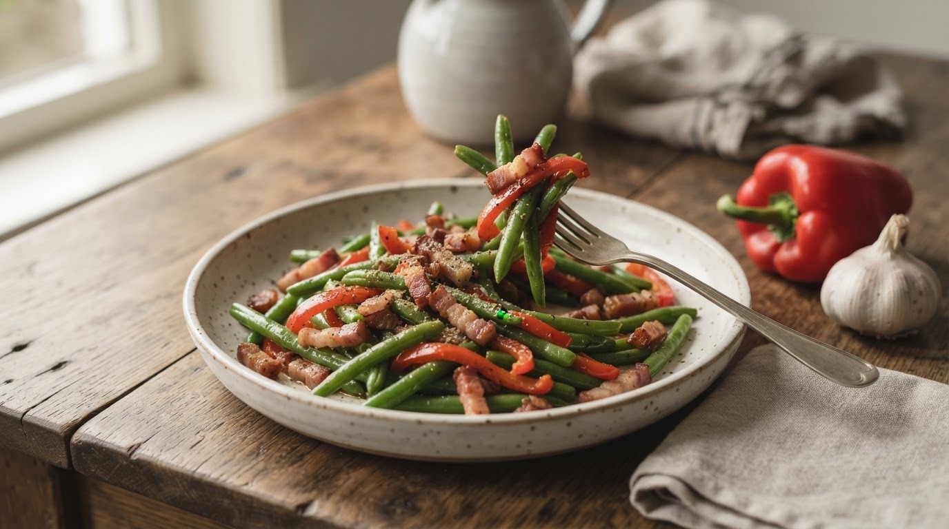 Knapperige Sperziebonen met Paprika en Katenspek recept Knapperige Sperziebonen met Paprika en Katenspek recept