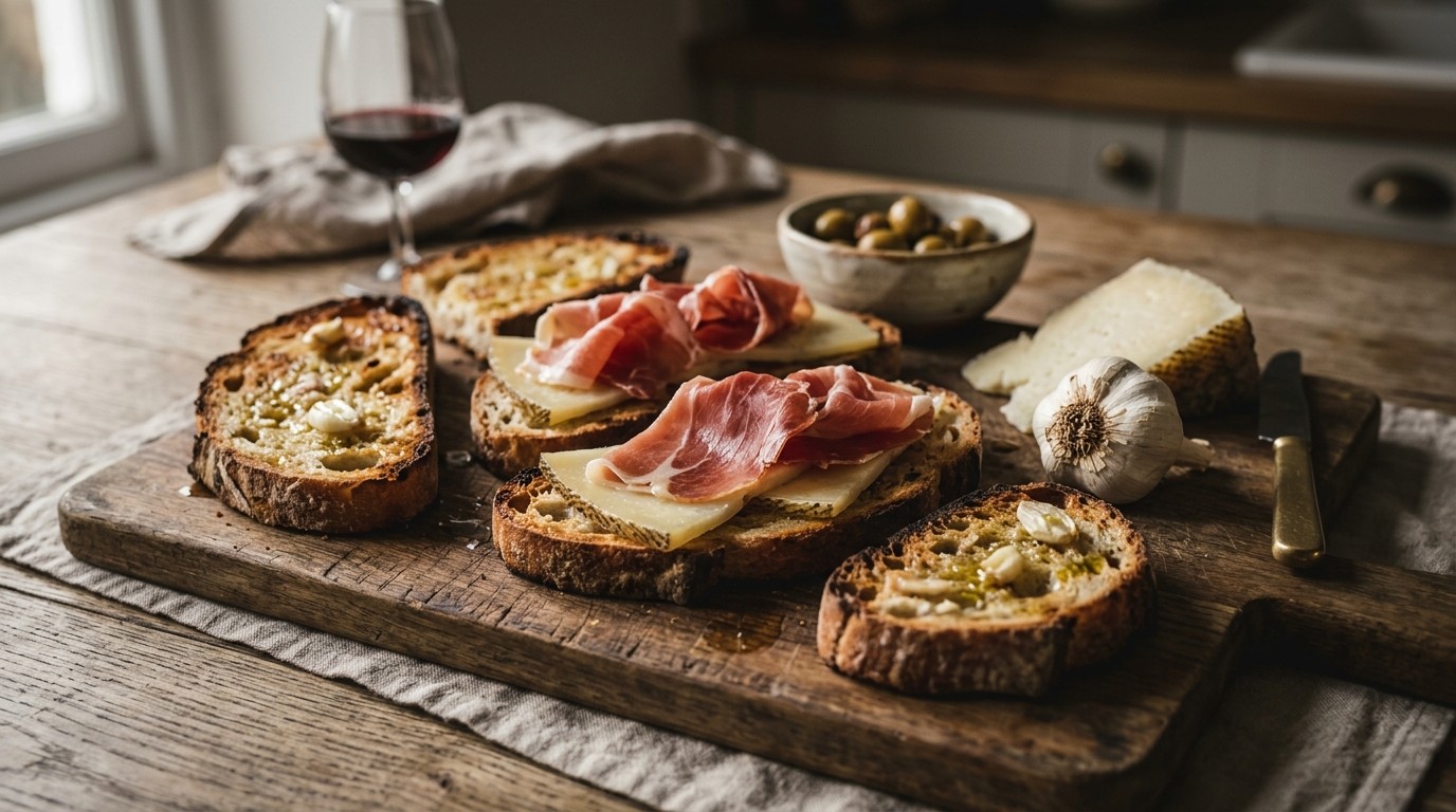 Knoflookbrood met Schapenkaas en Serranoham