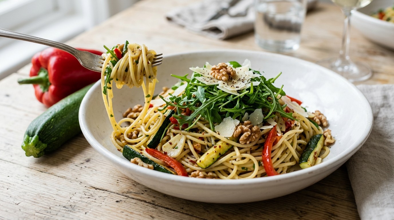 Knoflookspaghetti met Rucola en Noten recept Knoflookspaghetti met Rucola en Noten recept