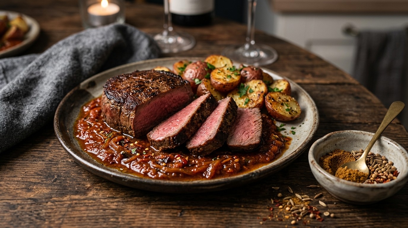 Kogelbiefstuk met Ras El Hanoutsaus