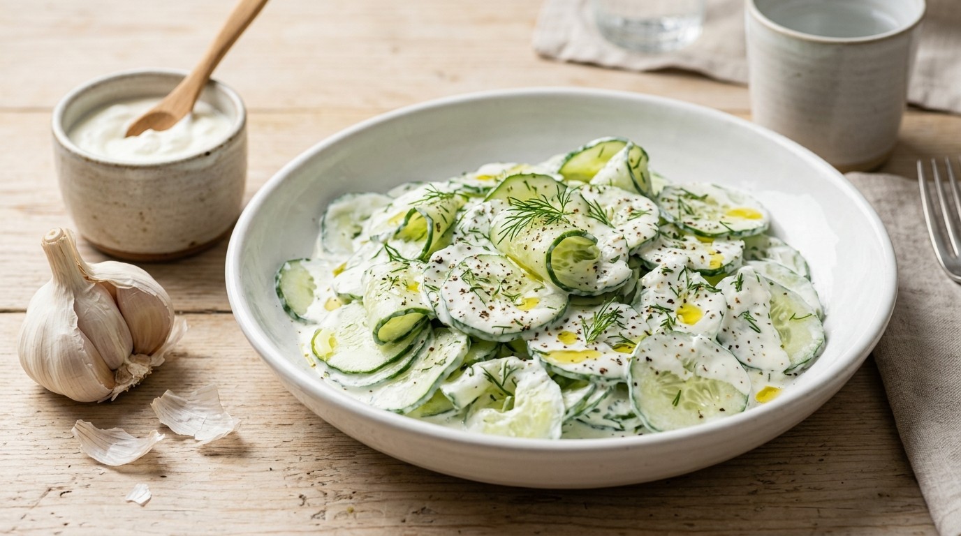 Komkommersalade met Creme Fraiche, Kwark en Knoflook recept Komkommersalade met Creme Fraiche, Kwark en Knoflook recept