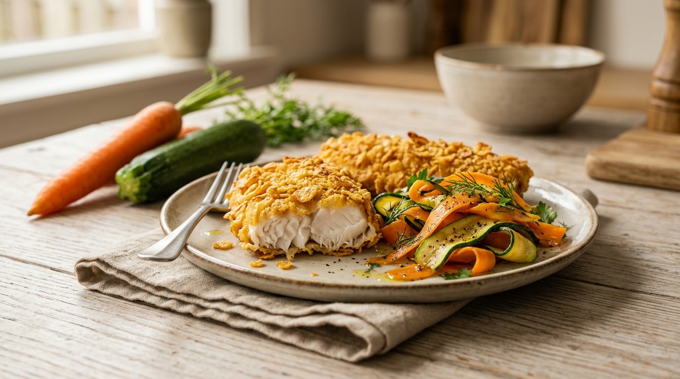 Koolvis met Cornflakes en Wortel-courgettes recept Koolvis met Cornflakes en Wortel-courgettes recept