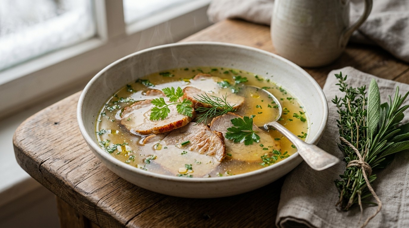 Kruidenbouillon met Gebakken Varkensfricandeau