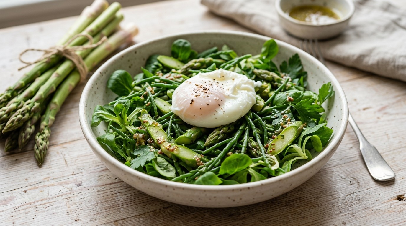 Kruidensalade met Asperges en Gepocheerd ei
