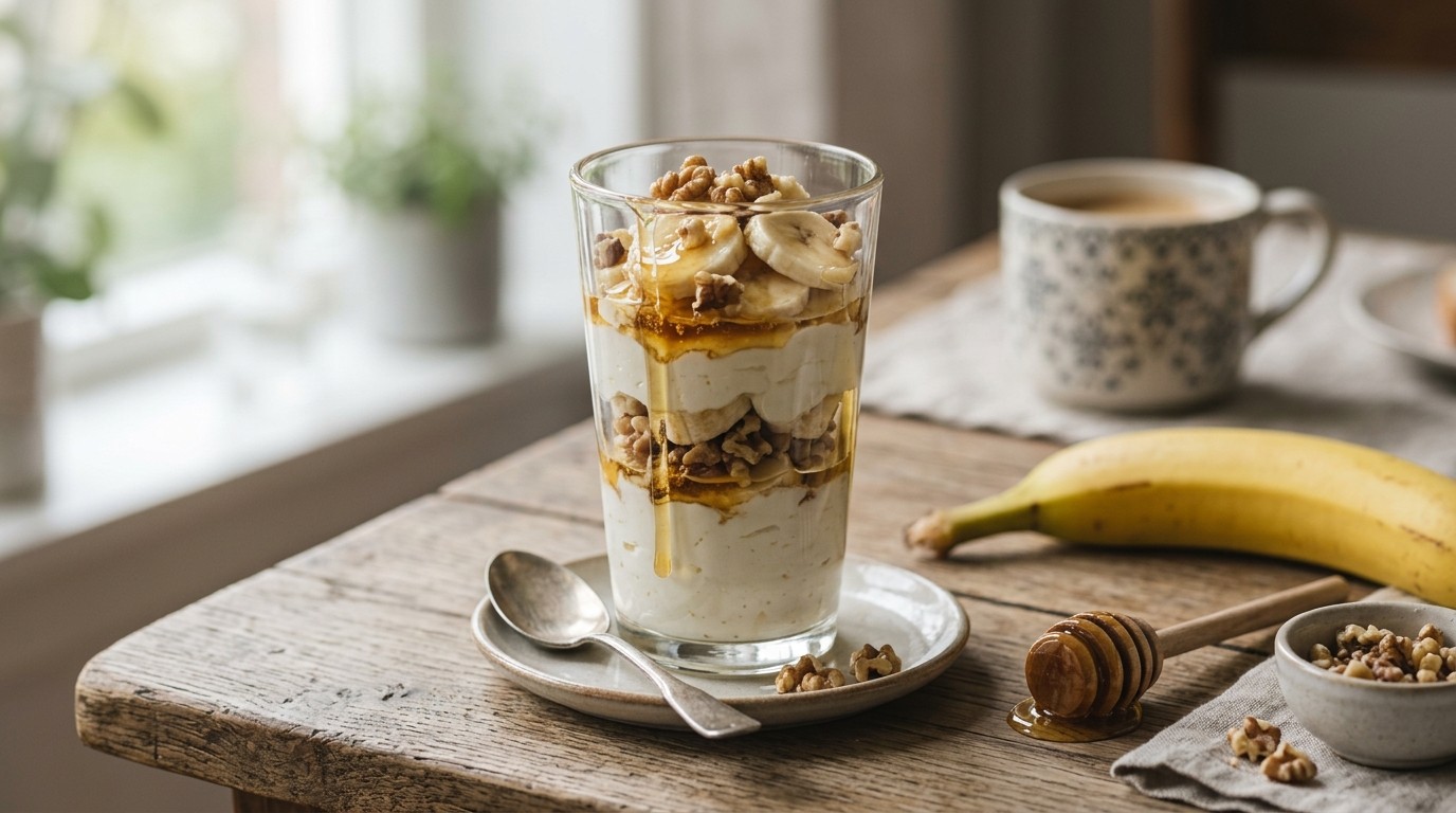 Laagjestoetje van Yoghurt-banaan-honing-walnoten