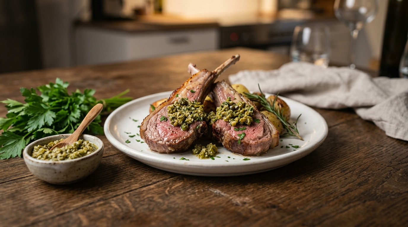 Lamskoteletjes met Groene Pesto van Olijven, Knoflook, Kappertjes en Rozemarijn