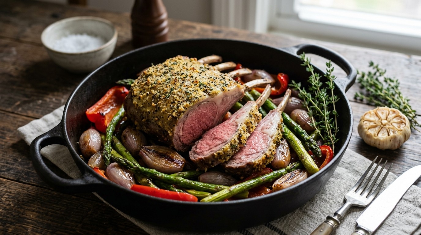Lamsrack uit de Oven met Paprika, Sjalotjes en Asperges