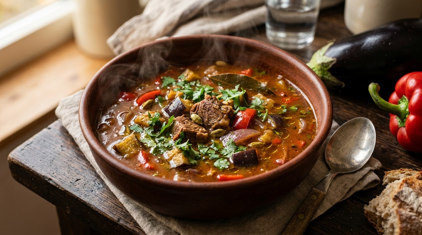 Lamssoep met Aubergine en Paprika