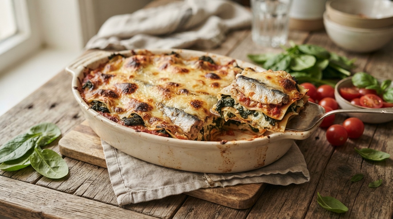 Lasagne met Sardientjes en Spinazie