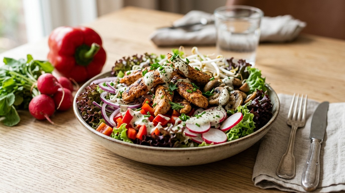 Lauwwarme Salade met Pittige Kipreepjes