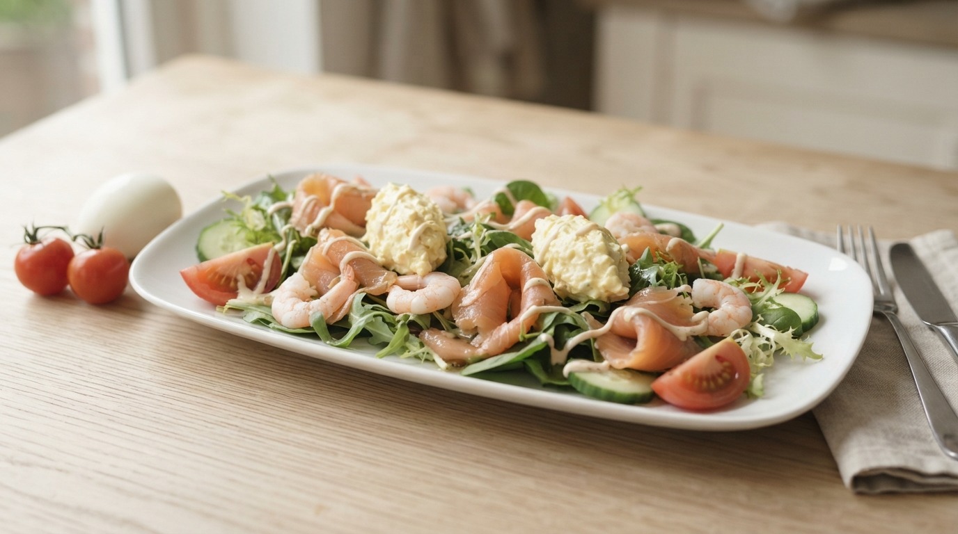 Maaltijdsalade met Gerookte Zalm en Garnalen