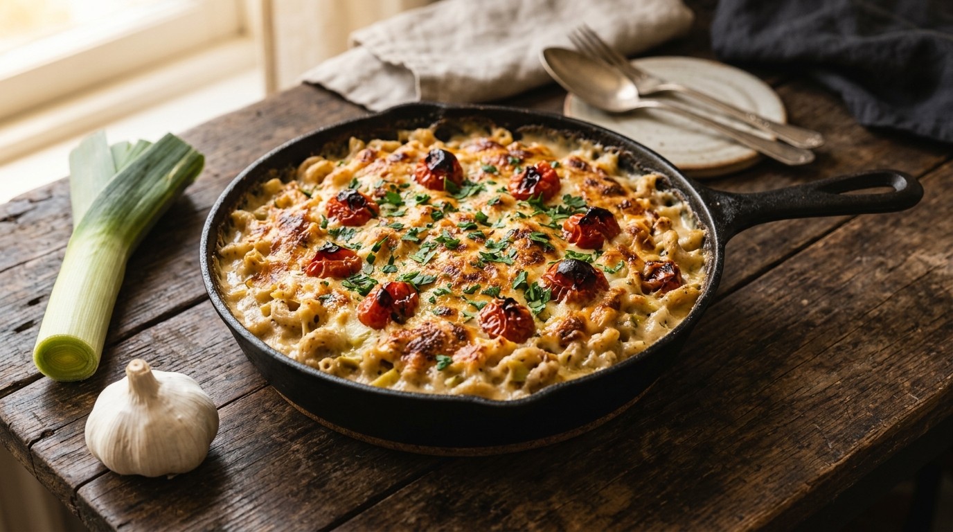 Mac-and-cheese met Prei en Tomaatjes