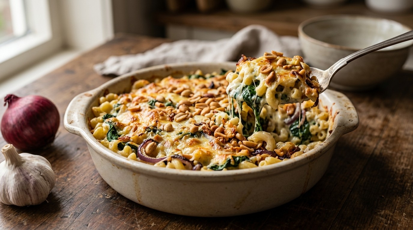 Macaroni Gegratineerd met Spinazie en Pinda's