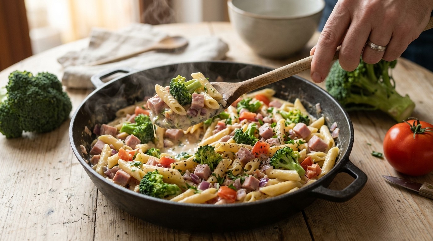 Macaroni met Broccoli en ham in Roomsaus