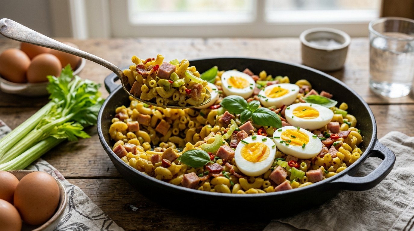 Macaroni met Kerrie en ham en Eieren
