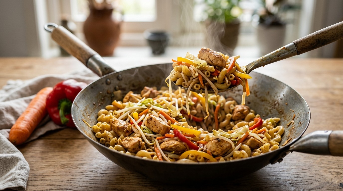 Macaroni met kip en Roerbakgroente