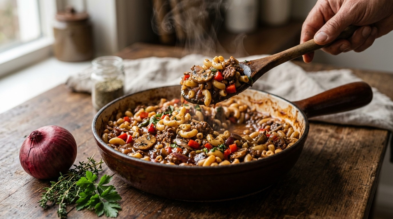 Macaroni met Paprika, Champignons en Rundergehakt