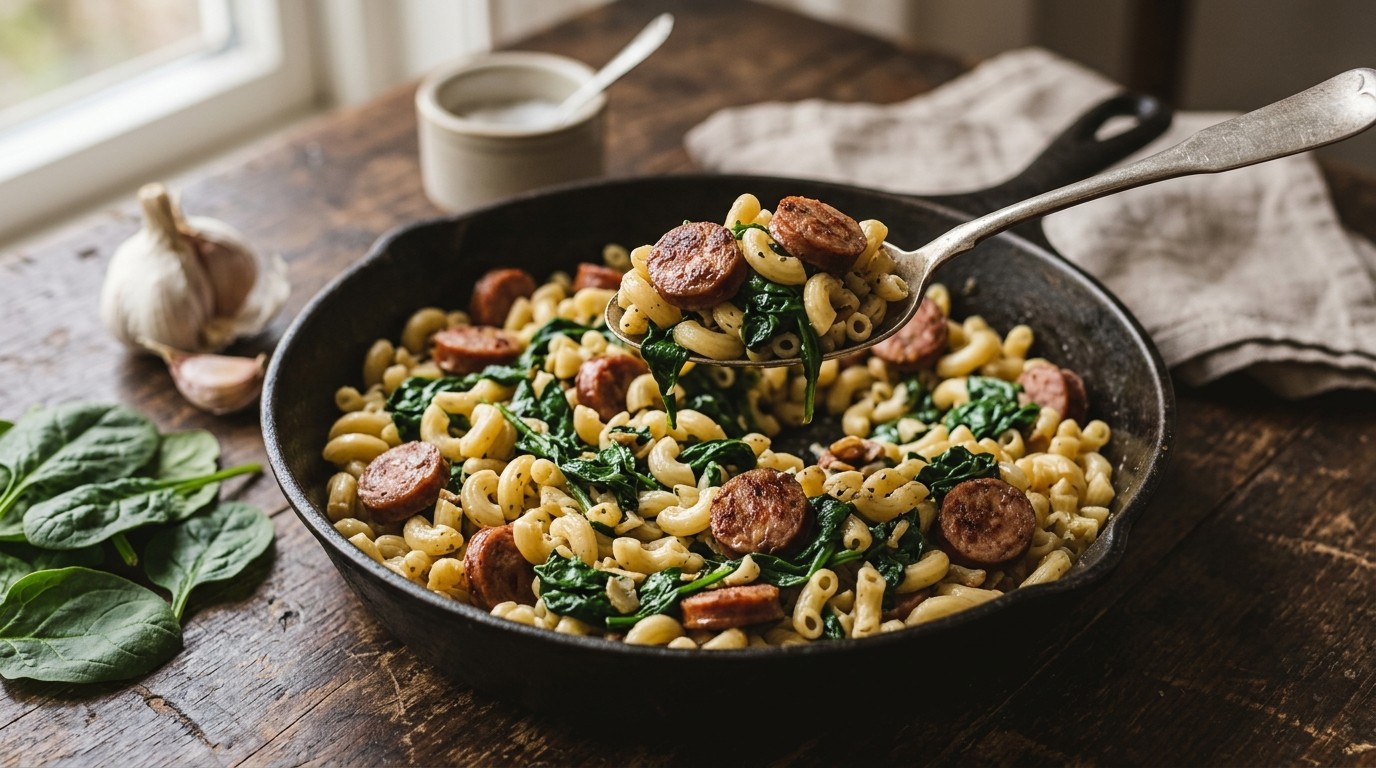 Macaroni met Spinazie en Runderworst
